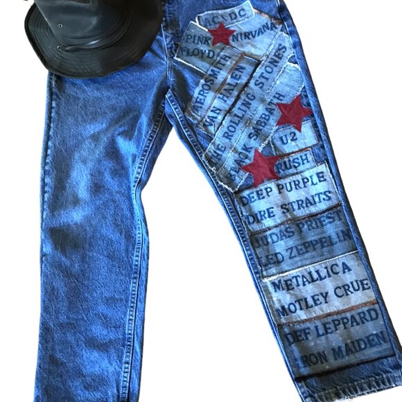 Women’s Patchwork Jeans, Size 16P: 1980s Rock Band Patches, Retro Hippie Pants - Picture 11 of 11